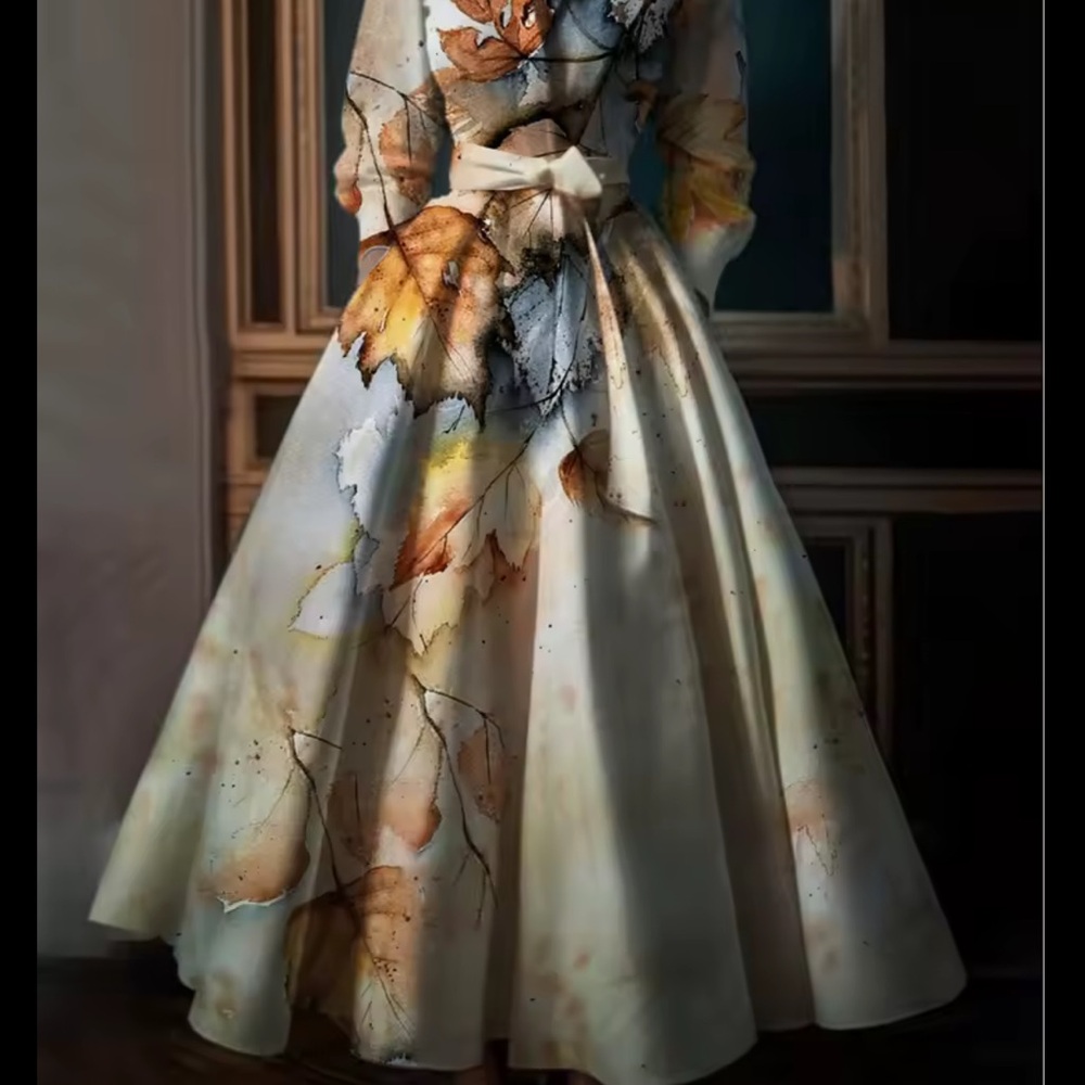 Elegant Autumn Leaf Print Dress